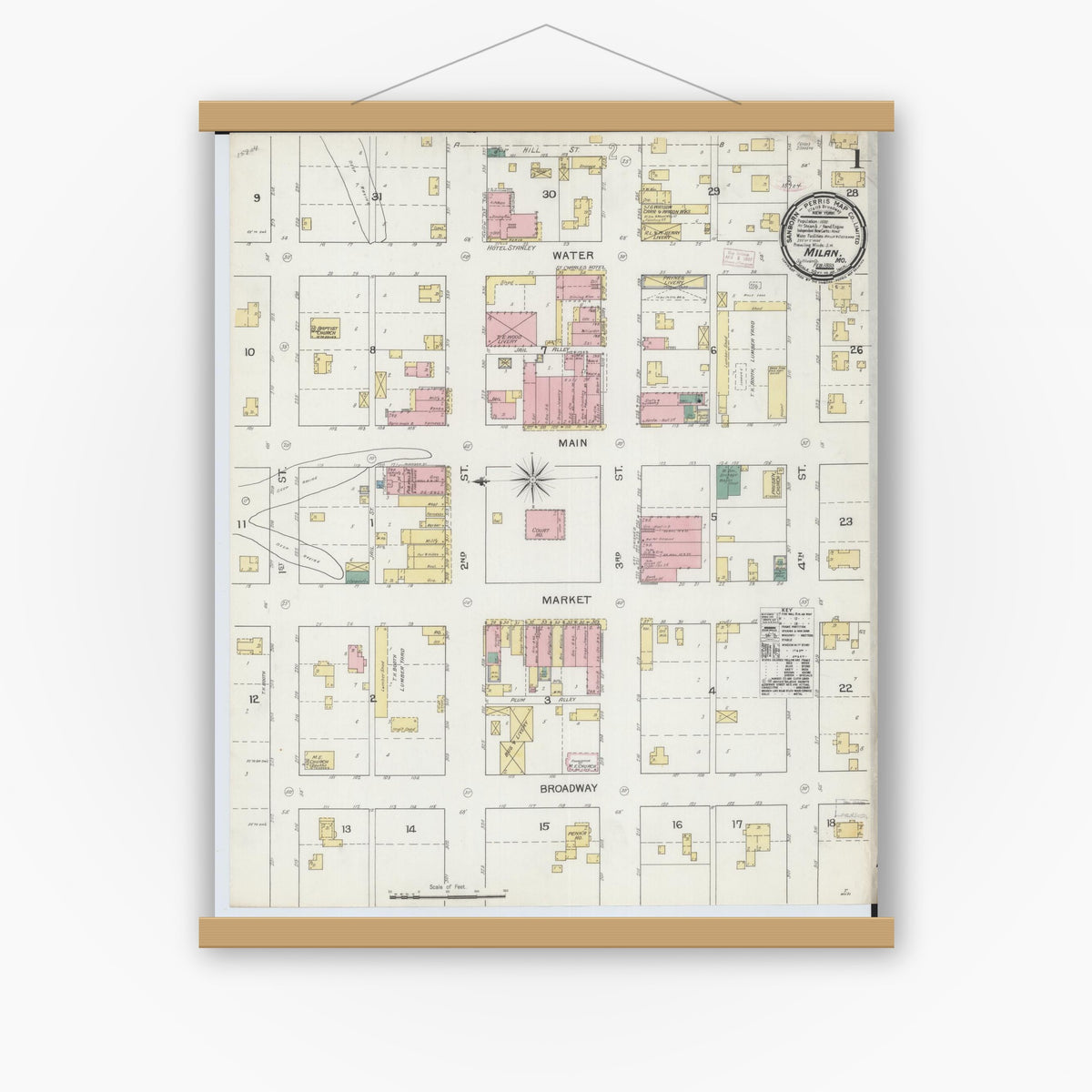 Old map wall art mockup — magnetic wood frame on white wall — Sanborn Fire Insurance Map from Milan, Sullivan County, Missouri (1893) - Complete Map Set
