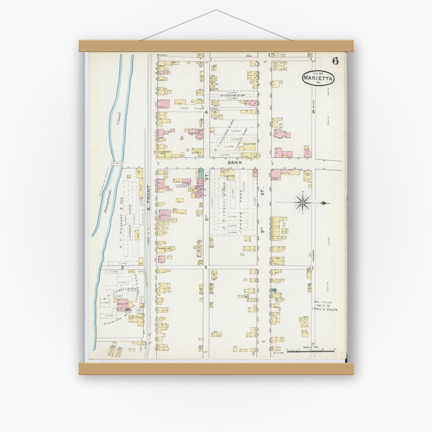 Old map wall art mockup — magnetic wood frame on white wall — Sanborn Fire Insurance Map from Marietta, Lancaster County, Pennsylvania (1891), Sheet #0006
