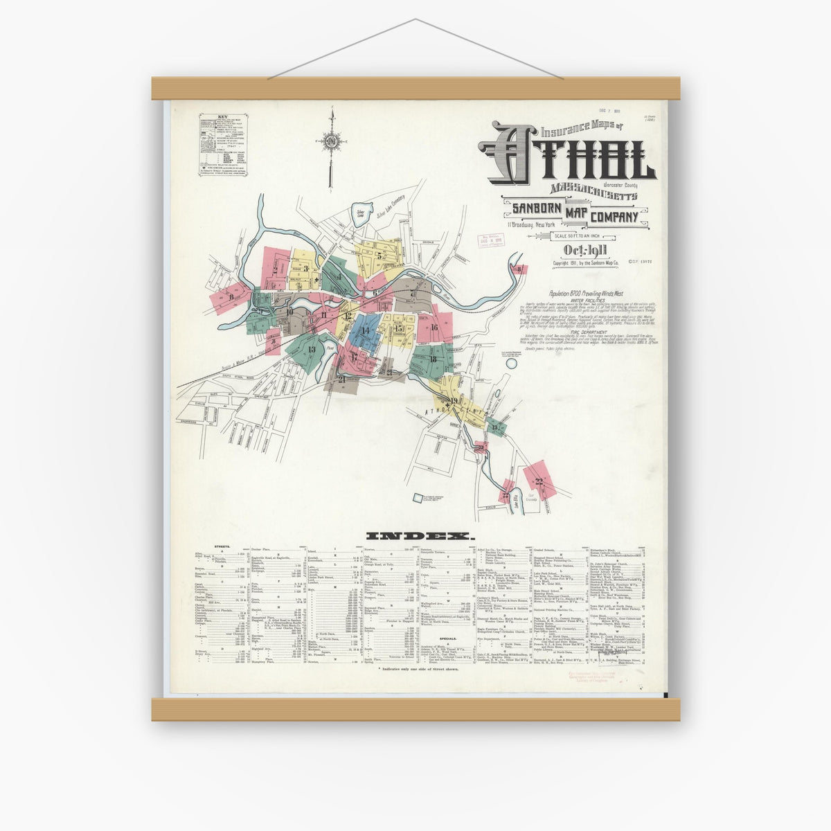 Old map wall art mockup — magnetic wood frame on white wall — Sanborn Fire Insurance Map from Athol, Worcester County, Massachusetts (1911) - Complete Map Set