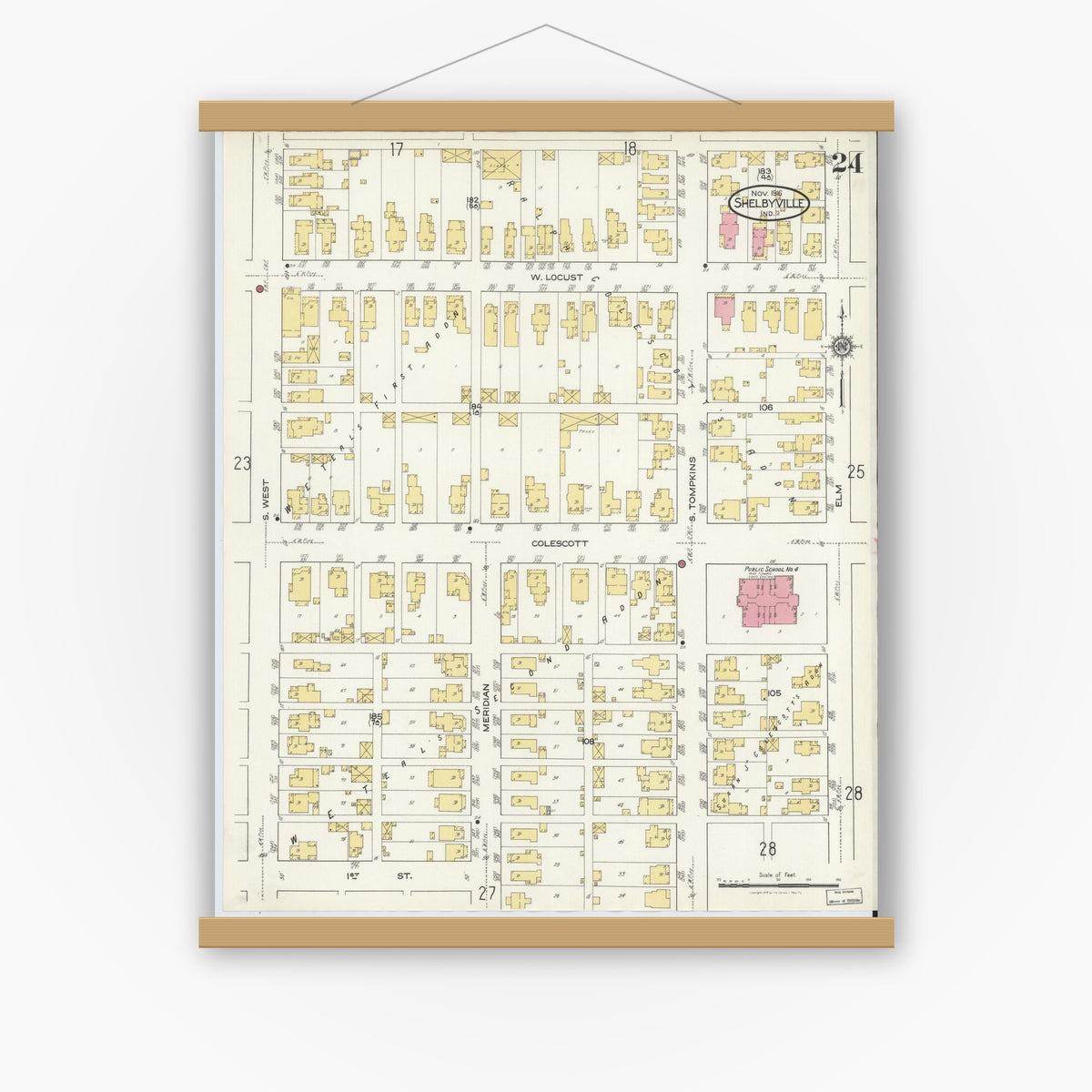 Old map wall art mockup — magnetic wood frame on white wall — Sanborn Fire Insurance Map from Shelbyville, Shelby County, Indiana (1916), Sheet #0024