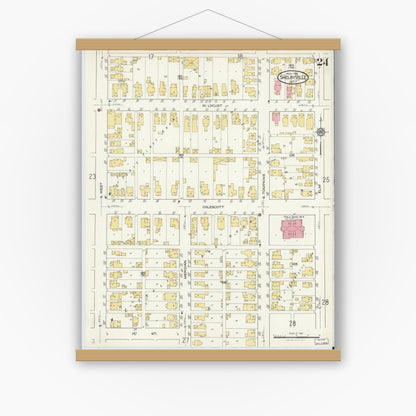 Old map wall art mockup — magnetic wood frame on white wall — Sanborn Fire Insurance Map from Shelbyville, Shelby County, Indiana (1916), Sheet #0024