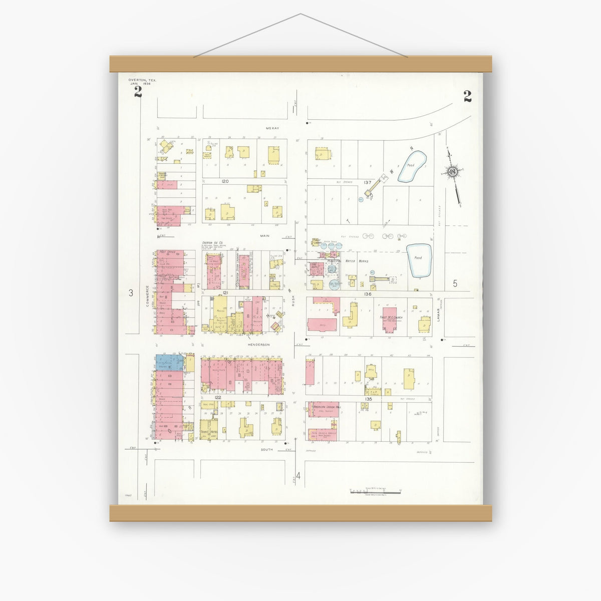 Old map wall art mockup — magnetic wood frame on white wall — Sanborn Fire Insurance Map from Overton, Rusk County, Texas (1936), Sheet #0002