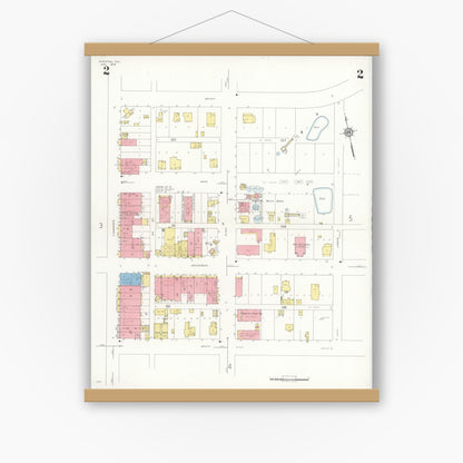 Old map wall art mockup — magnetic wood frame on white wall — Sanborn Fire Insurance Map from Overton, Rusk County, Texas (1936), Sheet #0002