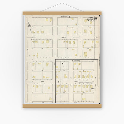 Old map wall art mockup — magnetic wood frame on white wall — Sanborn Fire Insurance Map from Caldwell, Burleson County, Texas (1915), Sheet #0006