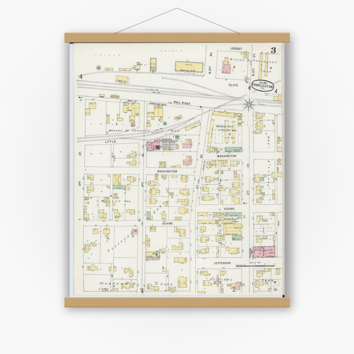 Old map wall art mockup — magnetic wood frame on white wall — Sanborn Fire Insurance Map from Charleston, Coles County, Illinois (1896), Sheet #0003