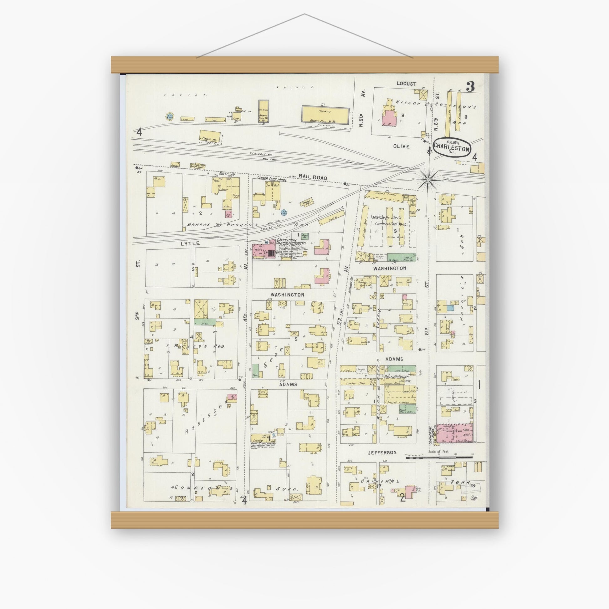 Old map wall art mockup — magnetic wood frame on white wall — Sanborn Fire Insurance Map from Charleston, Coles County, Illinois (1896), Sheet #0003