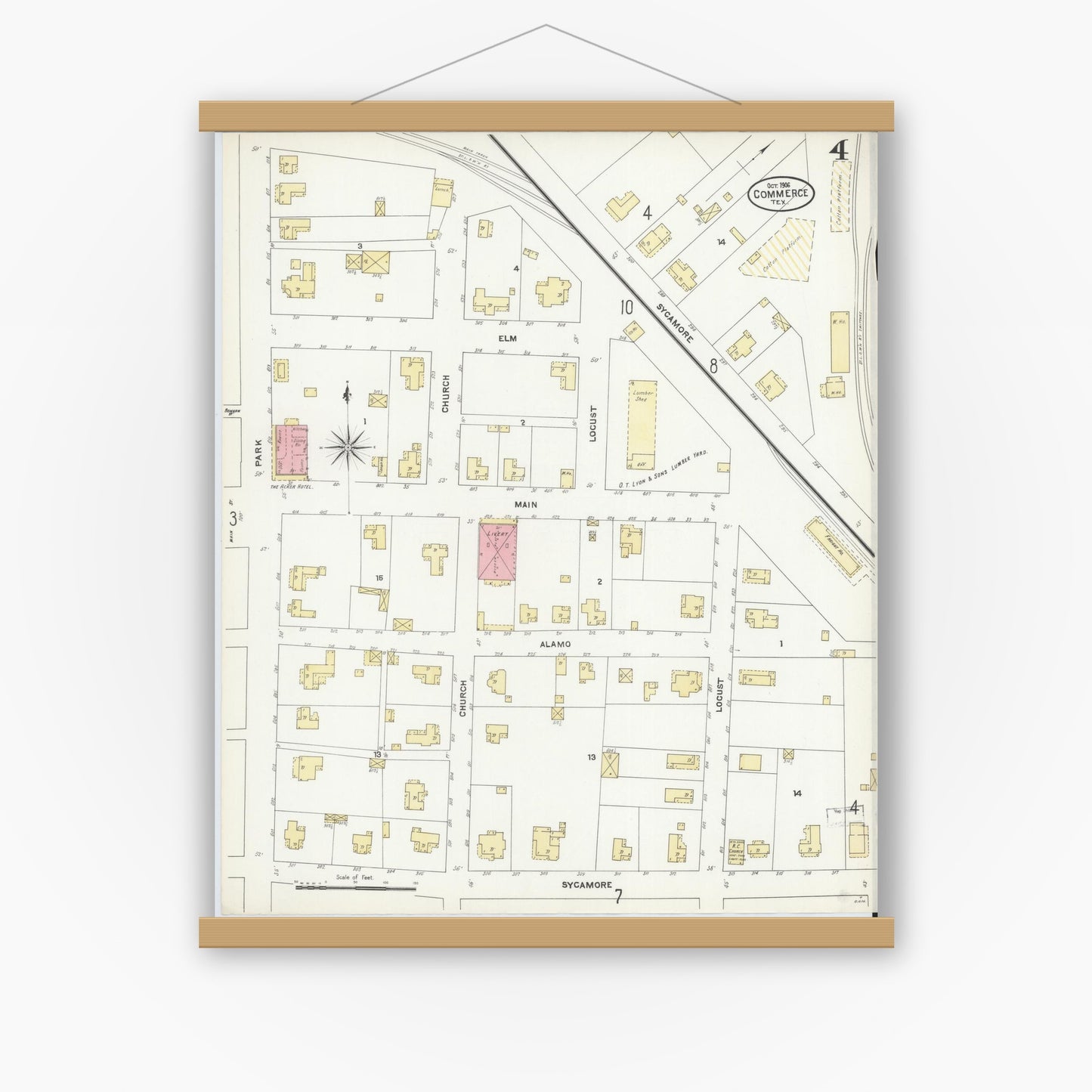 Old map wall art mockup — magnetic wood frame on white wall — Sanborn Fire Insurance Map from Commerce, Hunt County, Texas (1906), Sheet #0004