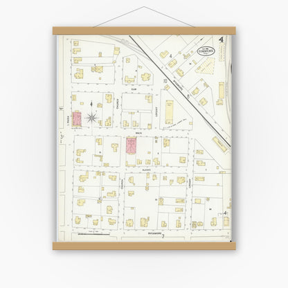Old map wall art mockup — magnetic wood frame on white wall — Sanborn Fire Insurance Map from Commerce, Hunt County, Texas (1906), Sheet #0004