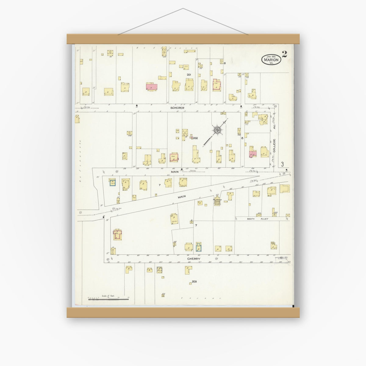 Old map wall art mockup — magnetic wood frame on white wall — Sanborn Fire Insurance Map from Marion, Smyth County, Virginia (1913), Sheet #0002