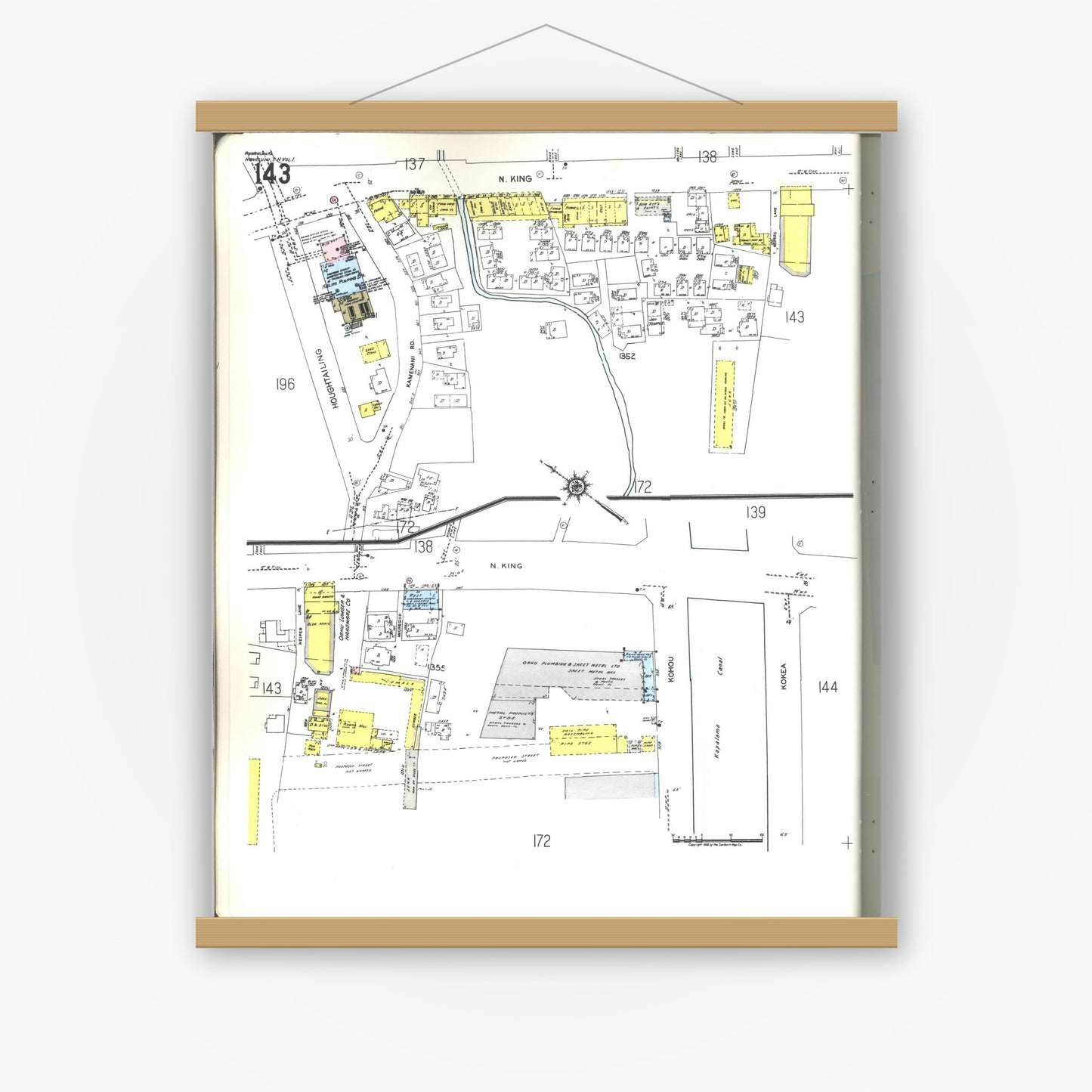 Old map wall art mockup — magnetic wood frame on white wall — Sanborn Fire Insurance Map from Honolulu, Oahu County, Hawaii (1955), Sheet #0143
