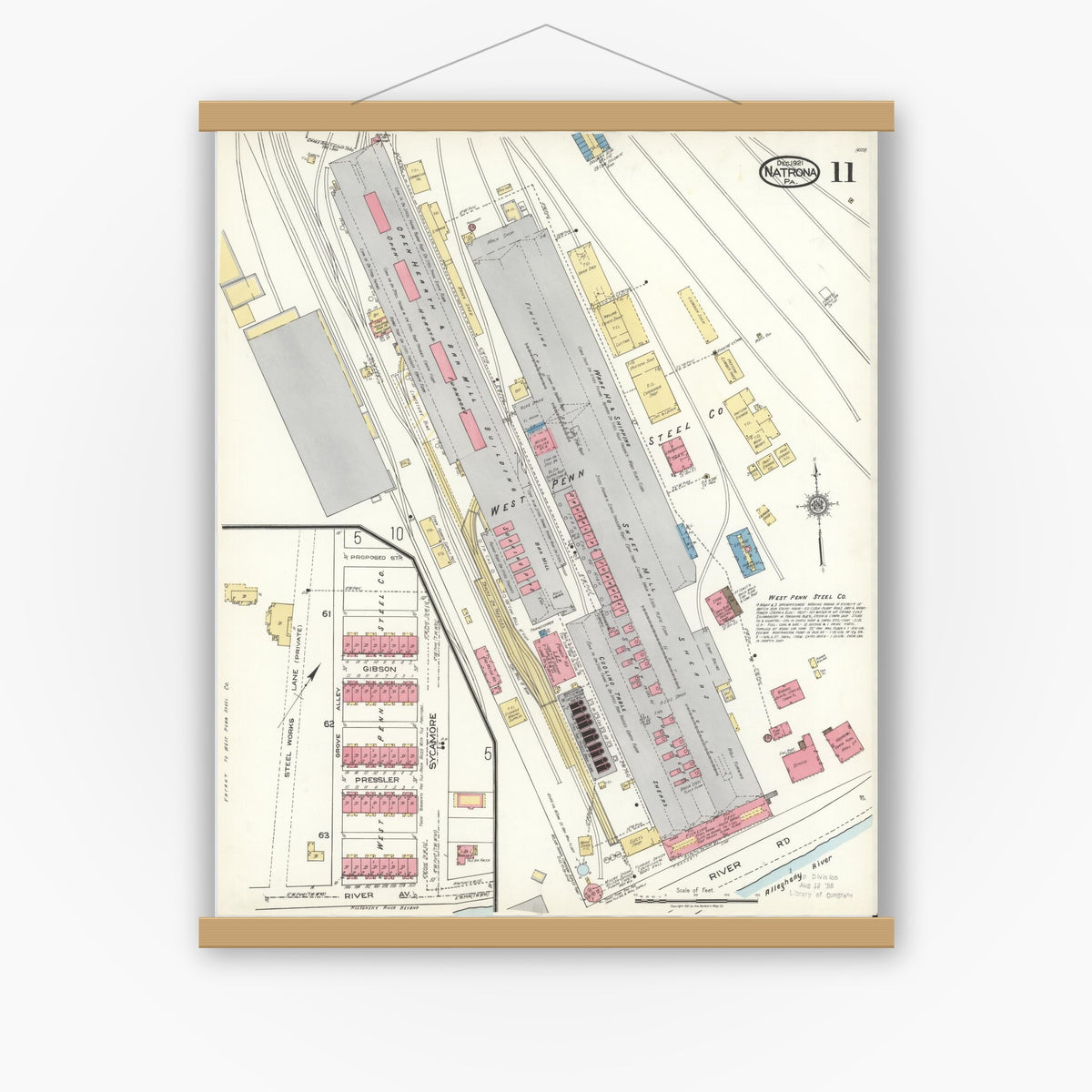Old map wall art mockup — magnetic wood frame on white wall — Sanborn Fire Insurance Map from Natrona, Allegheny County, Pennsylvania (1921), Sheet #0011
