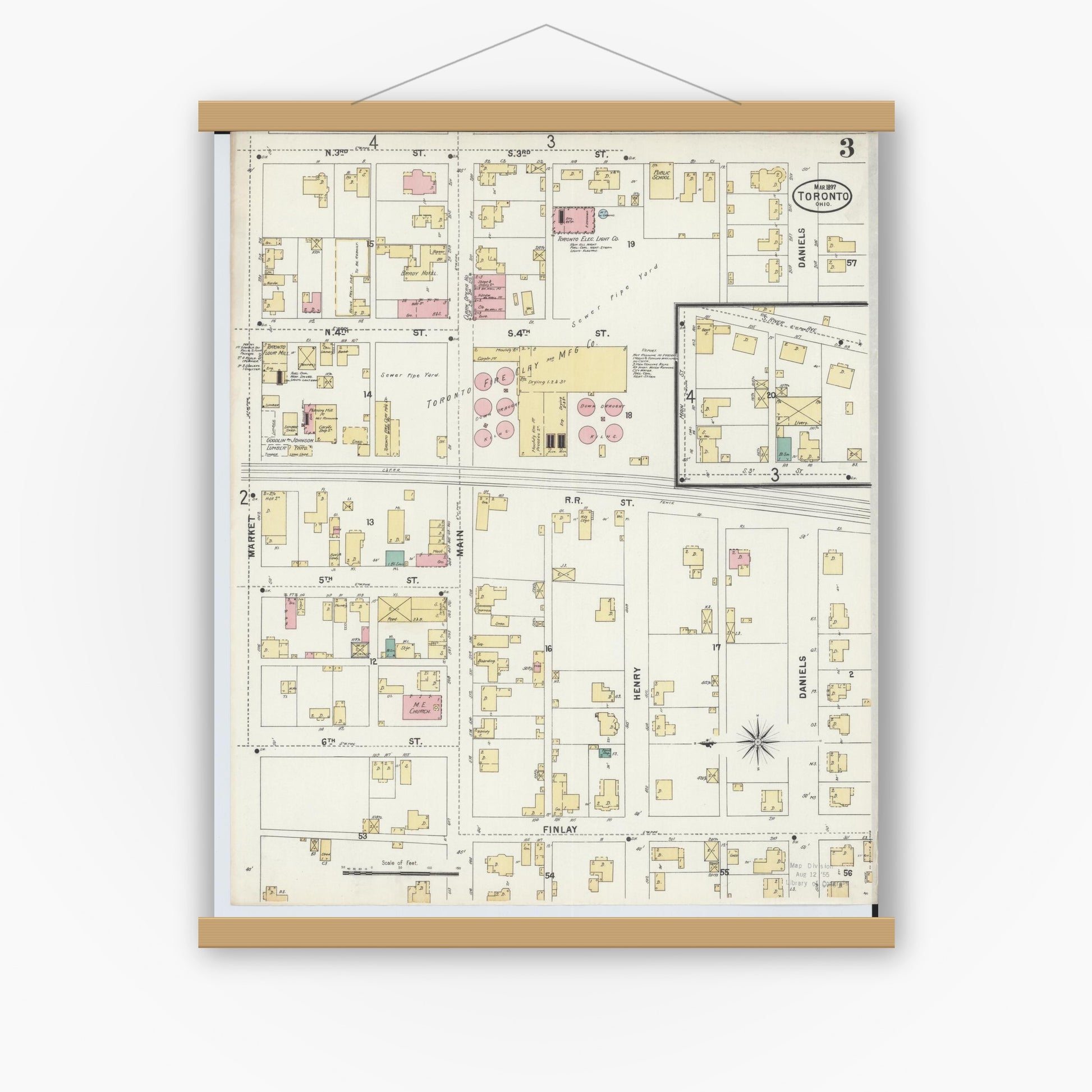 Old map wall art mockup — magnetic wood frame on white wall — Sanborn Fire Insurance Map from Toronto, Jefferson County, Ohio (1897), Sheet #0003