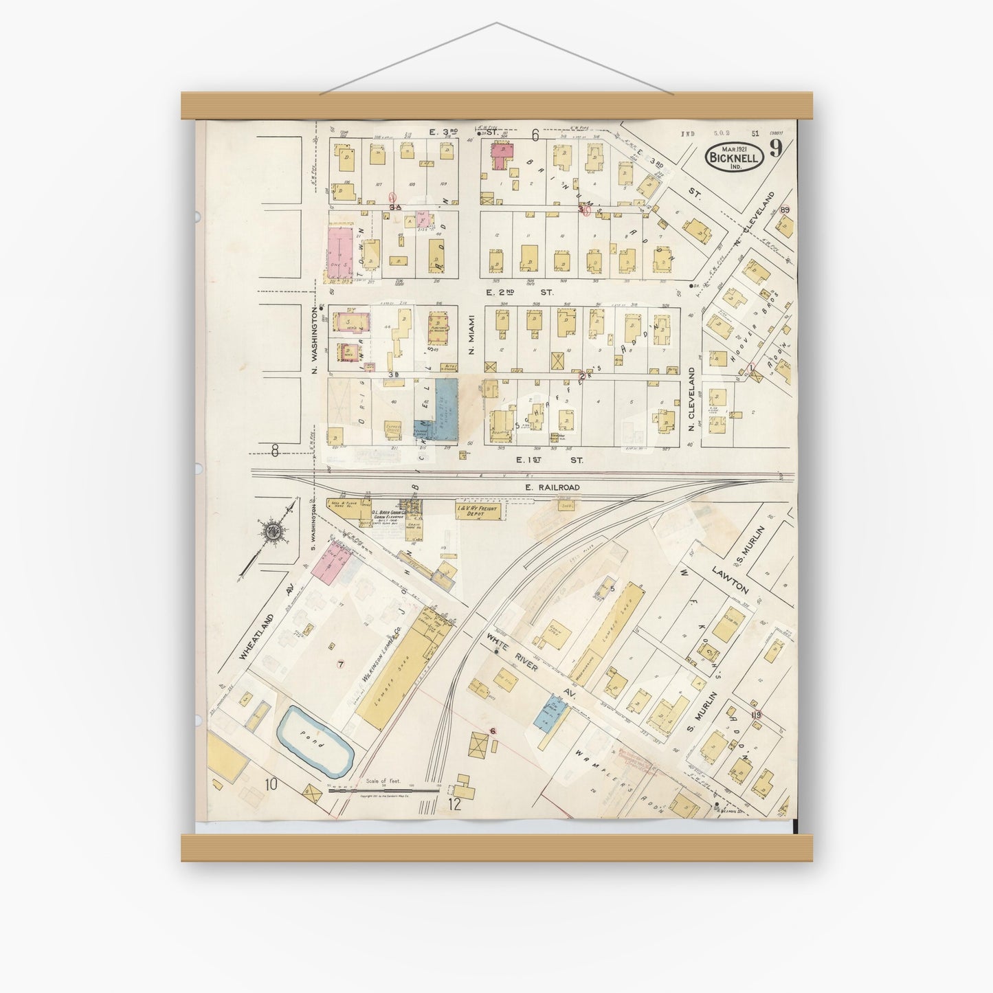 Old map wall art mockup — magnetic wood frame on white wall — Sanborn Fire Insurance Map from Bicknell, Knox County, Indiana (1946), Sheet #0009