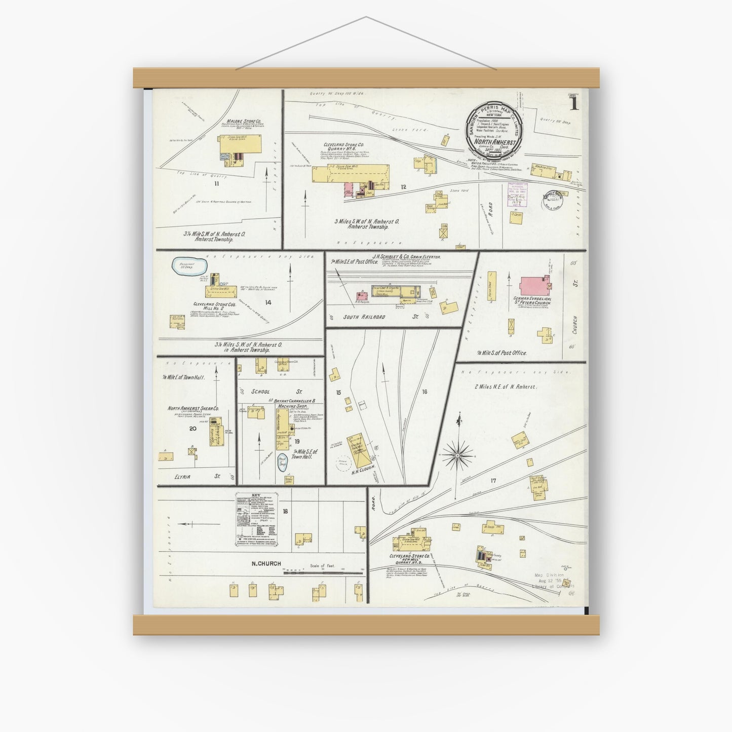 Old map wall art mockup — magnetic wood frame on white wall — Sanborn Fire Insurance Map from North Amherst, Lorain County, Ohio (1901) - Complete Map Set