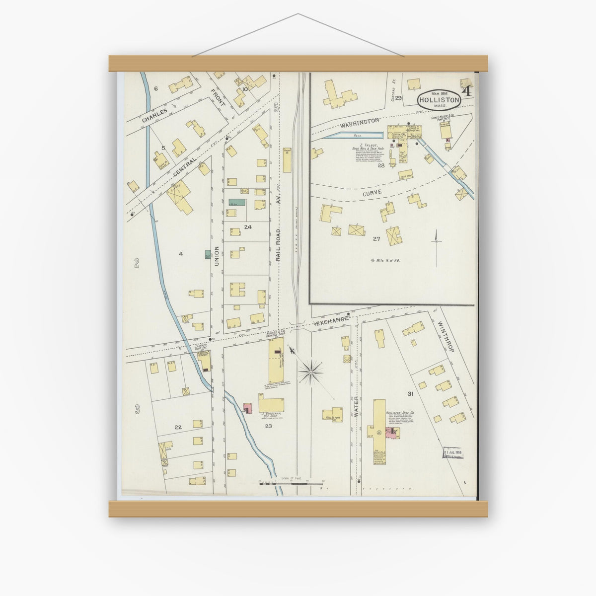 Old map wall art mockup — magnetic wood frame on white wall — Sanborn Fire Insurance Map from Holliston, Middlesex County, Massachusetts (1894), Sheet #0004