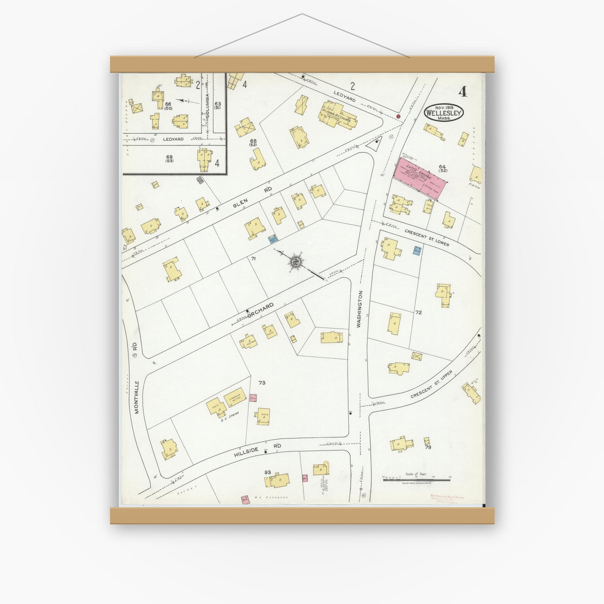 Old map wall art mockup — magnetic wood frame on white wall — Sanborn Fire Insurance Map from Wellesley, Norfolk County, Massachusetts (1919), Sheet #0004