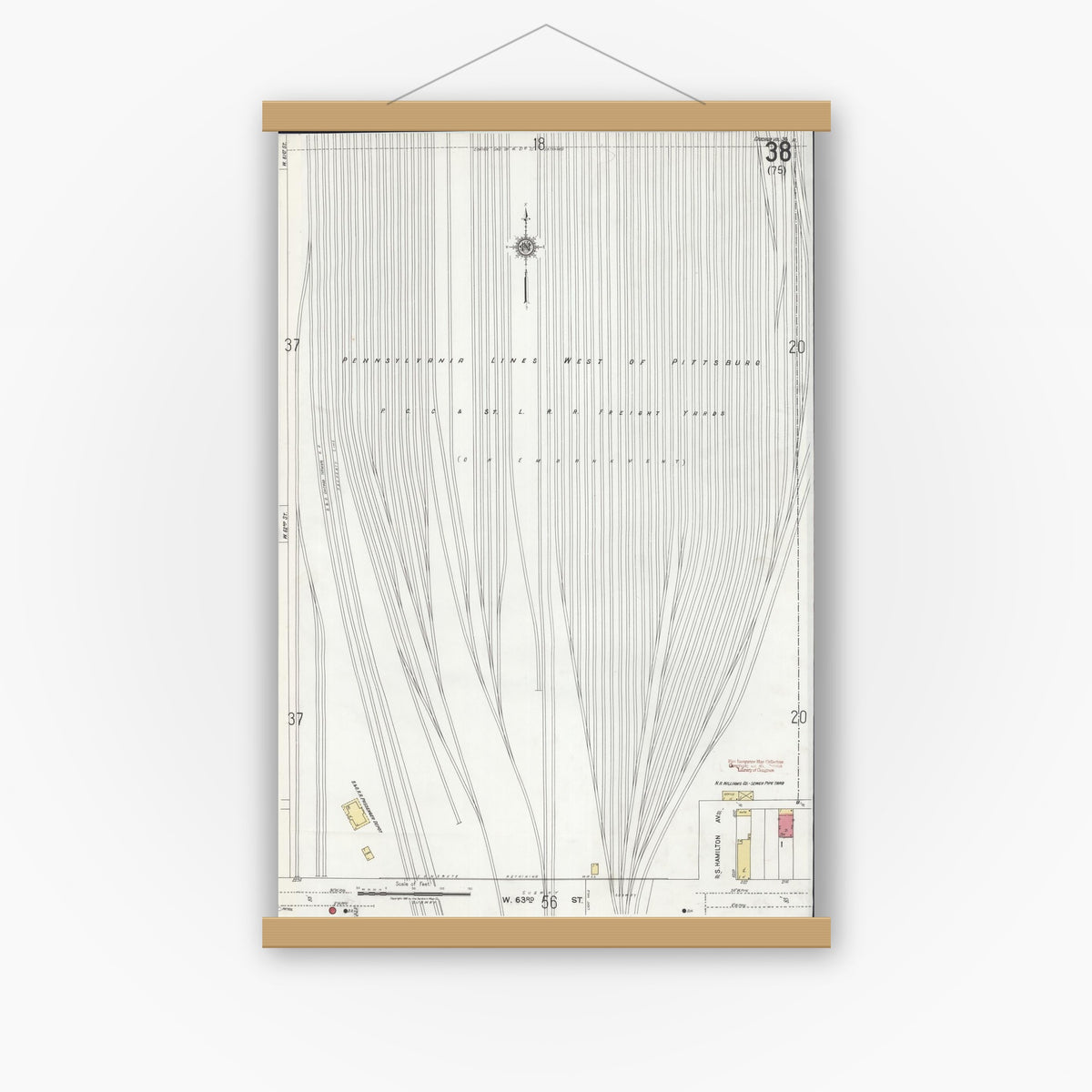 Old map wall art mockup — magnetic wood frame on white wall — Sanborn Fire Insurance Map from Chicago, Cook County, Illinois (1920), Sheet #0038