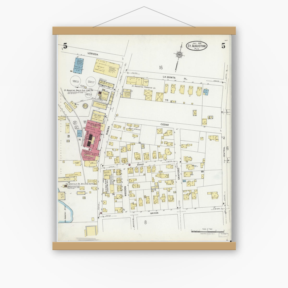 Old map wall art mockup — magnetic wood frame on white wall — Sanborn Fire Insurance Map from Saint Augustine, Saint John's County, Florida (1924), Sheet #0005