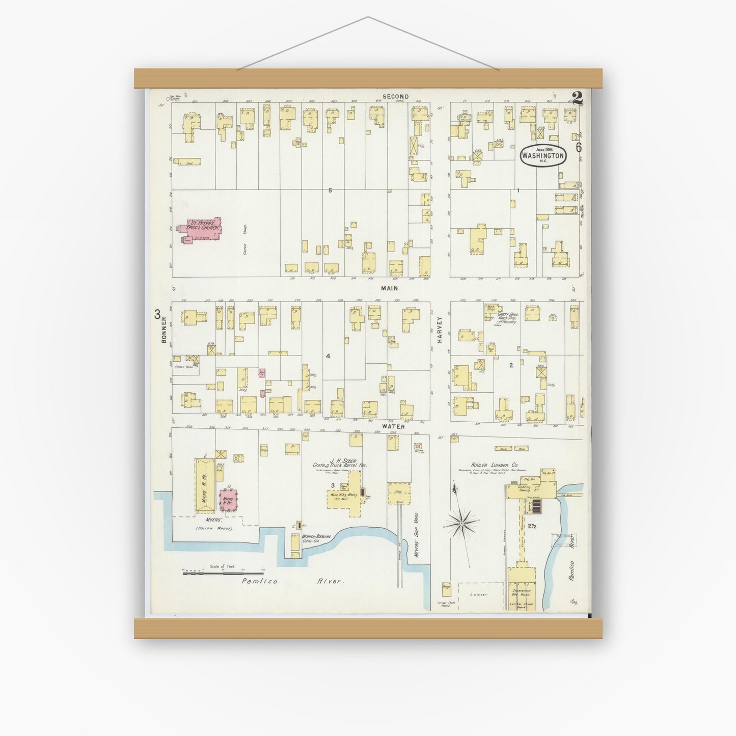 Old map wall art mockup — magnetic wood frame on white wall — Sanborn Fire Insurance Map from Washington, Beaufort County, North Carolina (1896), Sheet #0002