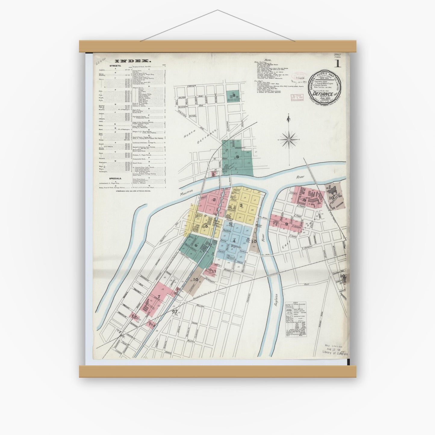 Old map wall art mockup — magnetic wood frame on white wall — Sanborn Fire Insurance Map from Defiance, Defiance County, Ohio (1893) - Complete Map Set