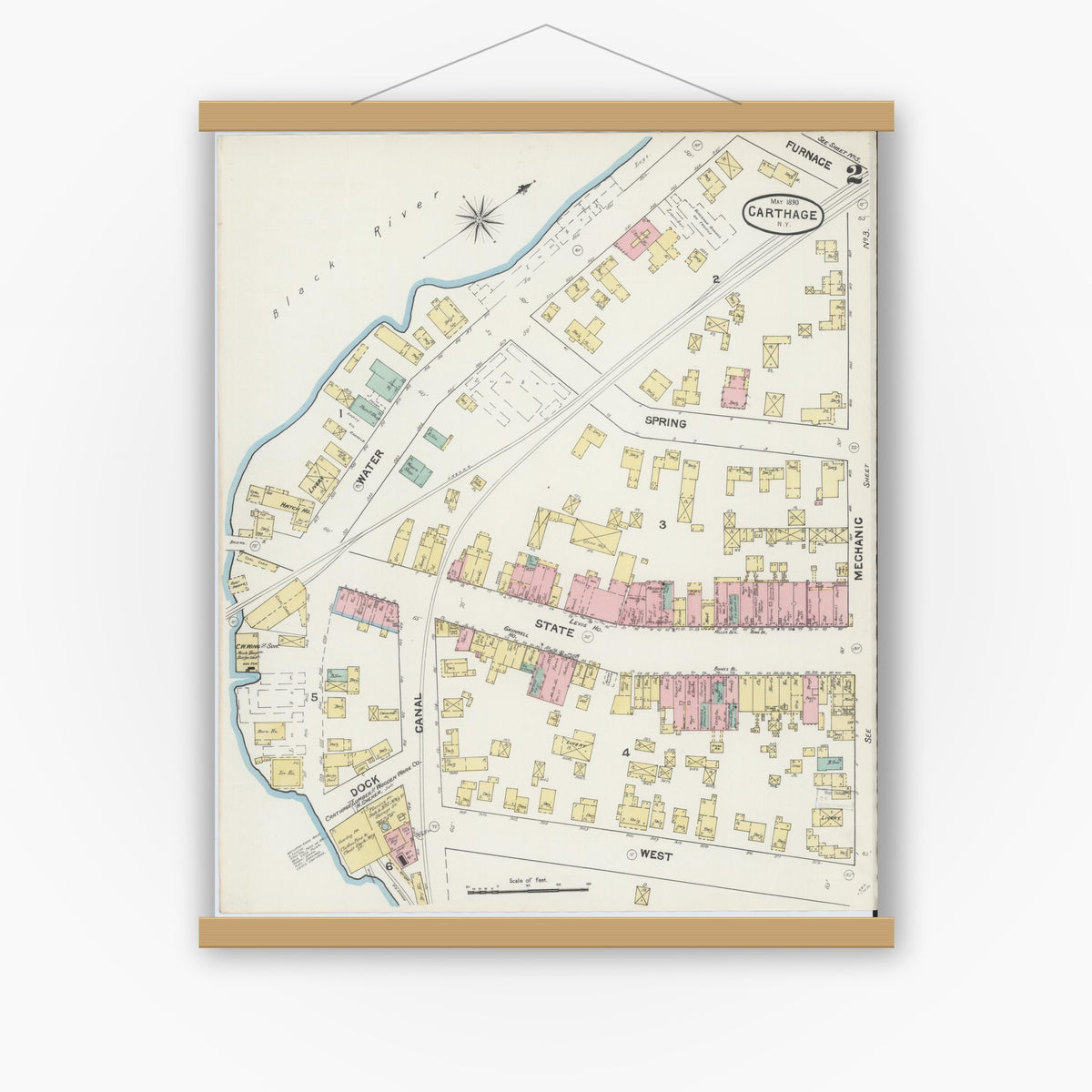 Old map wall art mockup — magnetic wood frame on white wall — Sanborn Fire Insurance Map from Carthage, Jefferson County, New York (1890) - Complete Map Set