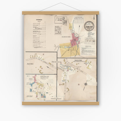 Old map wall art mockup — magnetic wood frame on white wall — Sanborn Fire Insurance Map from Charlton, Worcester County, Massachusetts (1945), Sheet #0001
