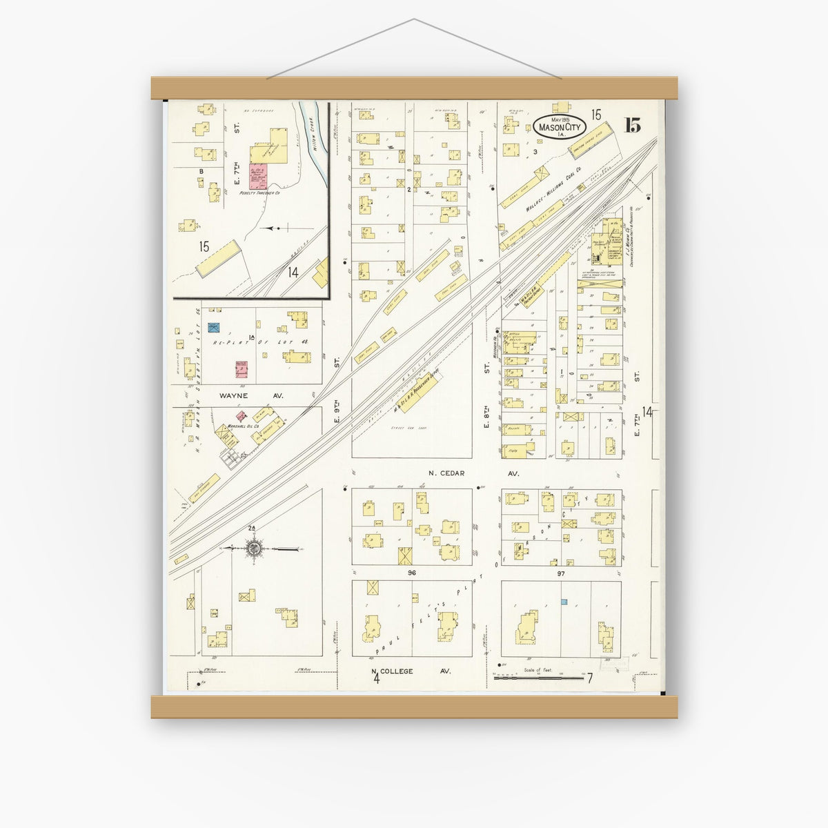 Old map wall art mockup — magnetic wood frame on white wall — Sanborn Fire Insurance Map from Mason City, Cerro Gordo County, Iowa (1915), Sheet #0015