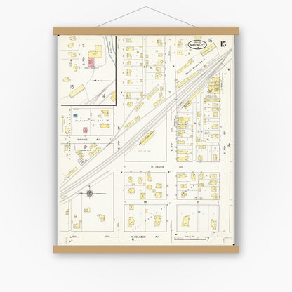 Old map wall art mockup — magnetic wood frame on white wall — Sanborn Fire Insurance Map from Mason City, Cerro Gordo County, Iowa (1915), Sheet #0015