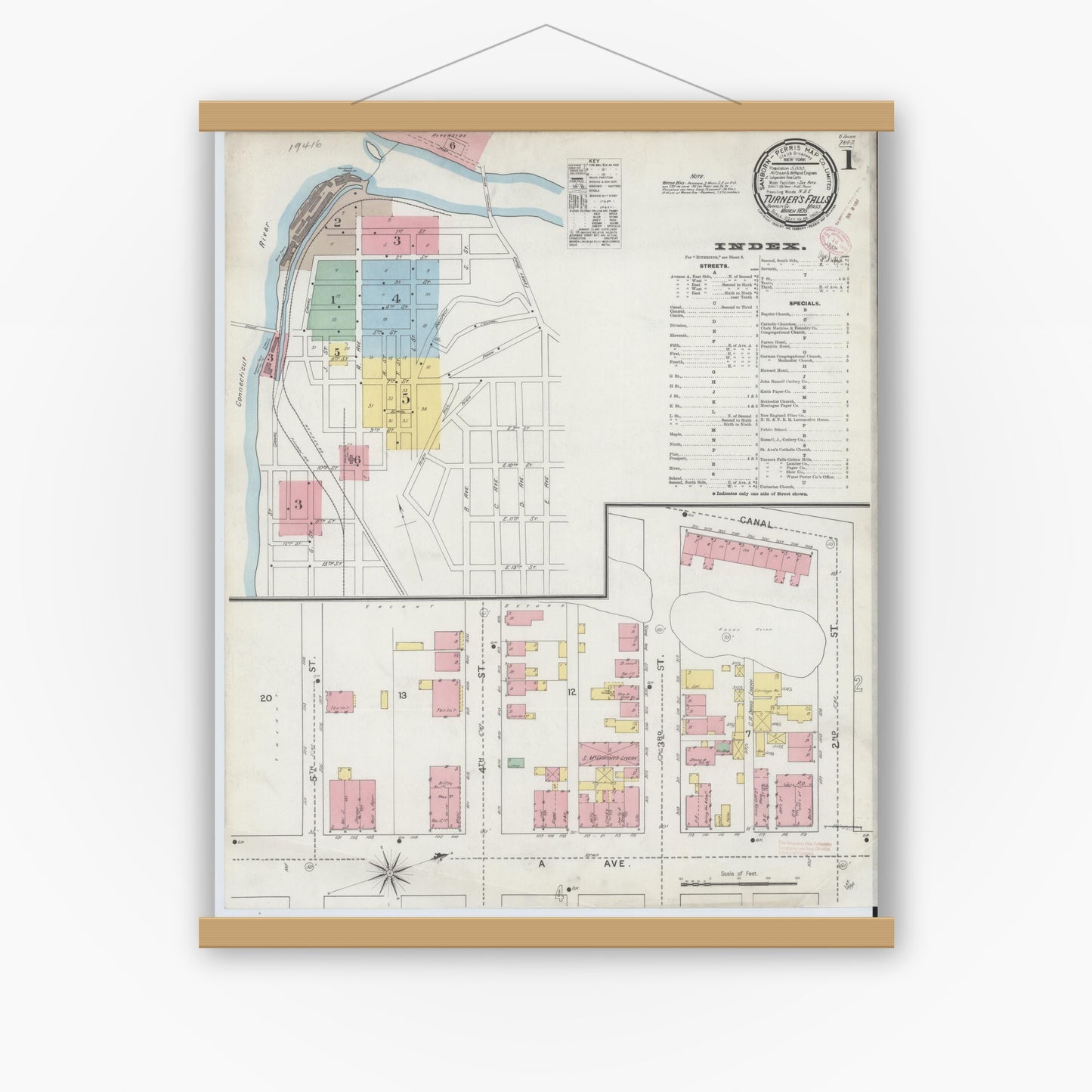 Old map wall art mockup — magnetic wood frame on white wall — Sanborn Fire Insurance Map from Turners Falls, Franklin County, Massachusetts (1895), Sheet #0001