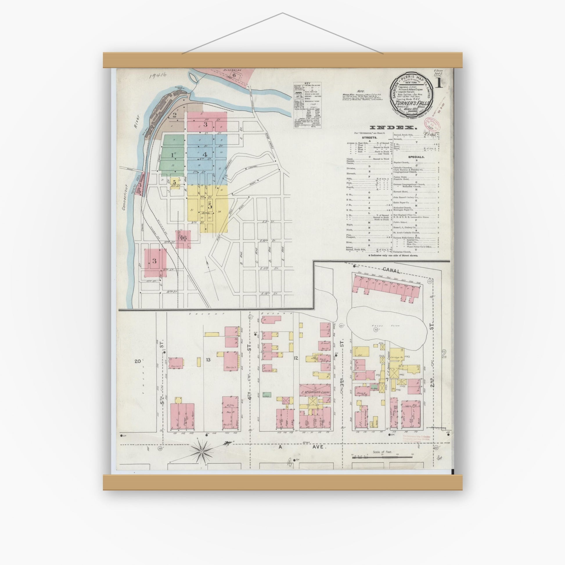 Old map wall art mockup — magnetic wood frame on white wall — Sanborn Fire Insurance Map from Turners Falls, Franklin County, Massachusetts (1895), Sheet #0001