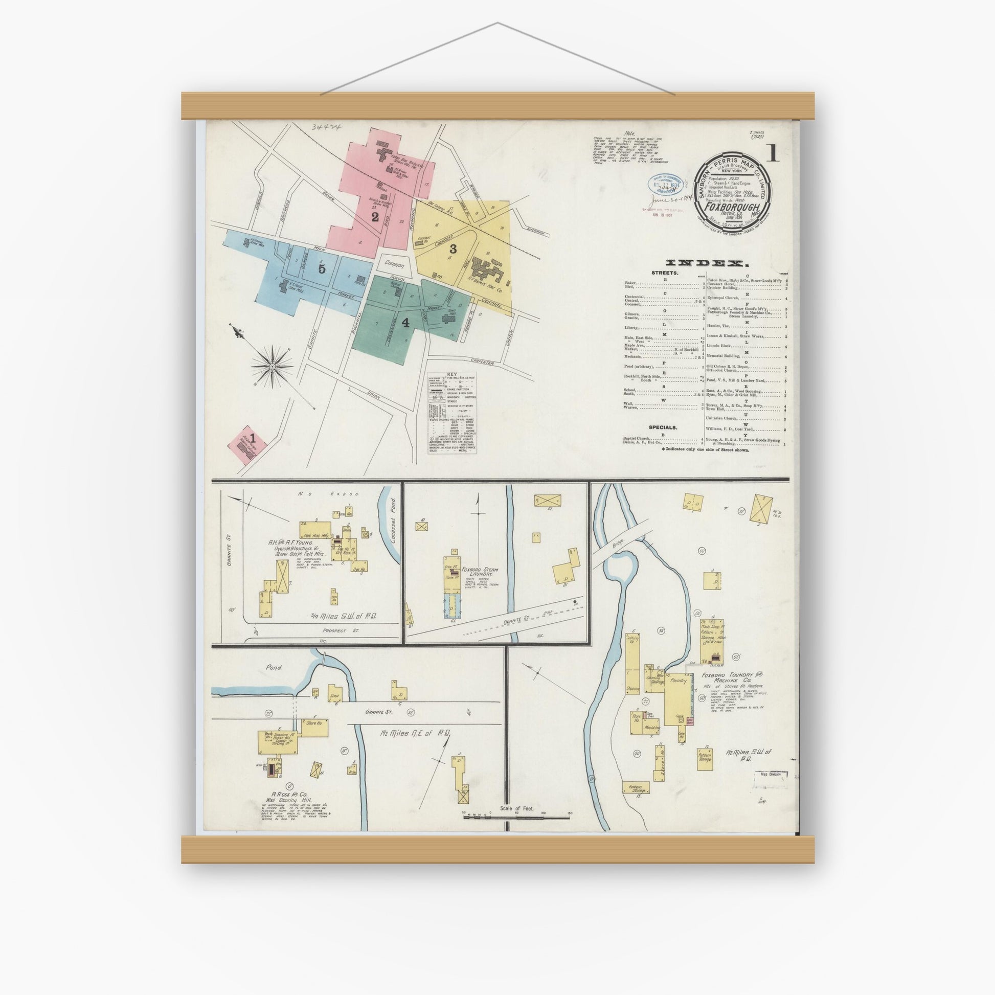 Old map wall art mockup — magnetic wood frame on white wall — Sanborn Fire Insurance Map from Foxboro, Norfolk County, Massachusetts (1894) - Complete Map Set