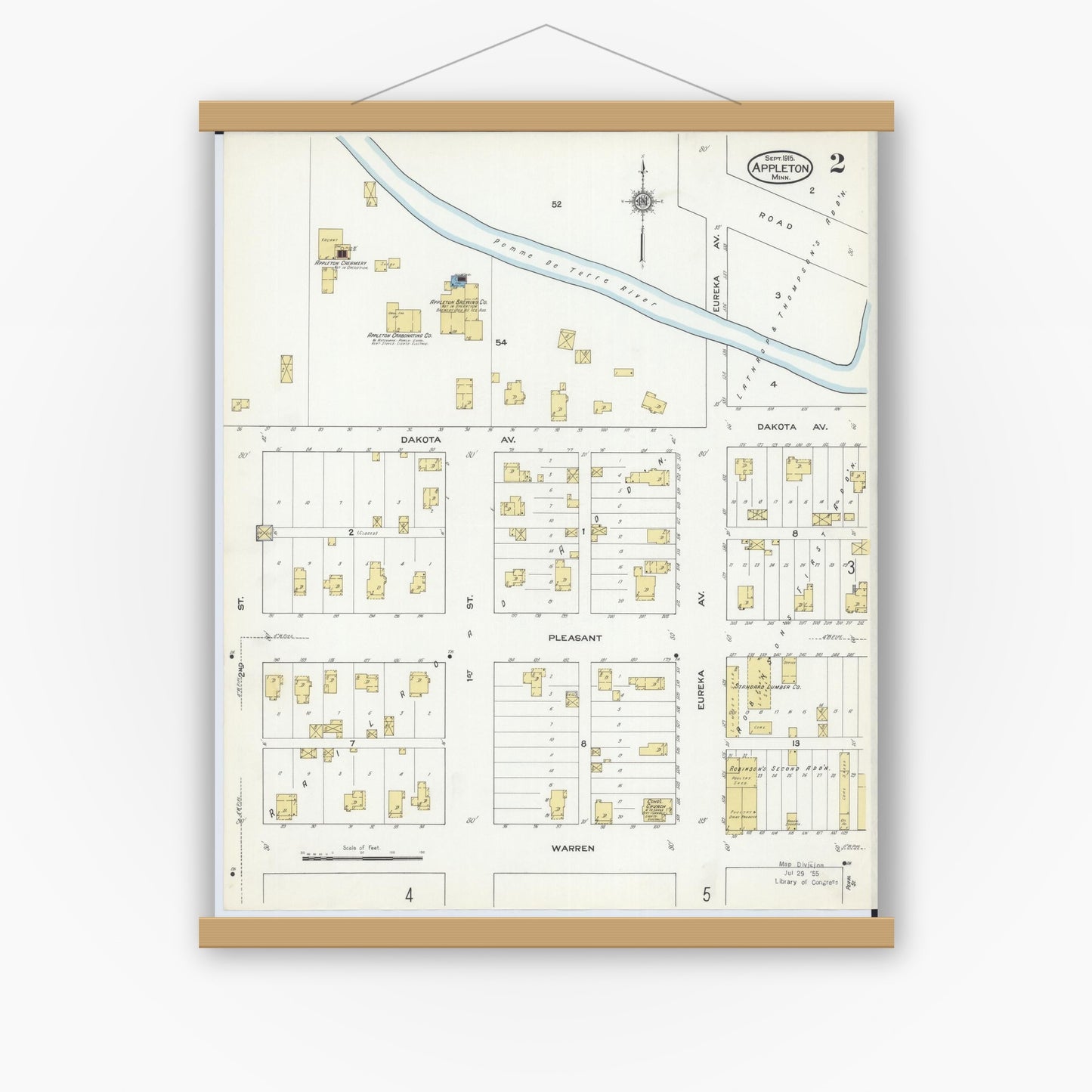 Old map wall art mockup — magnetic wood frame on white wall — Sanborn Fire Insurance Map from Appleton, Swift County, Minnesota (1915), Sheet #0002