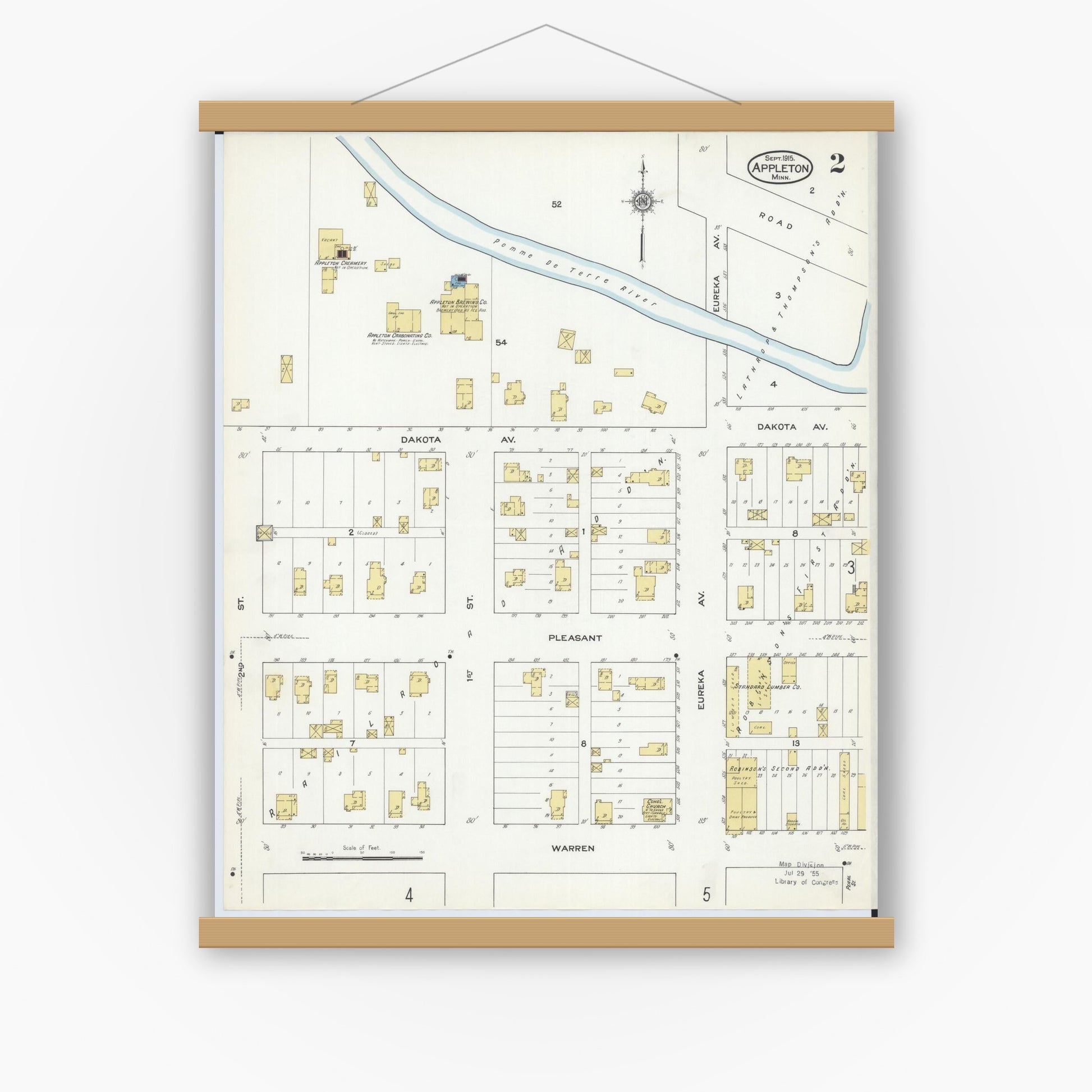 Old map wall art mockup — magnetic wood frame on white wall — Sanborn Fire Insurance Map from Appleton, Swift County, Minnesota (1915), Sheet #0002