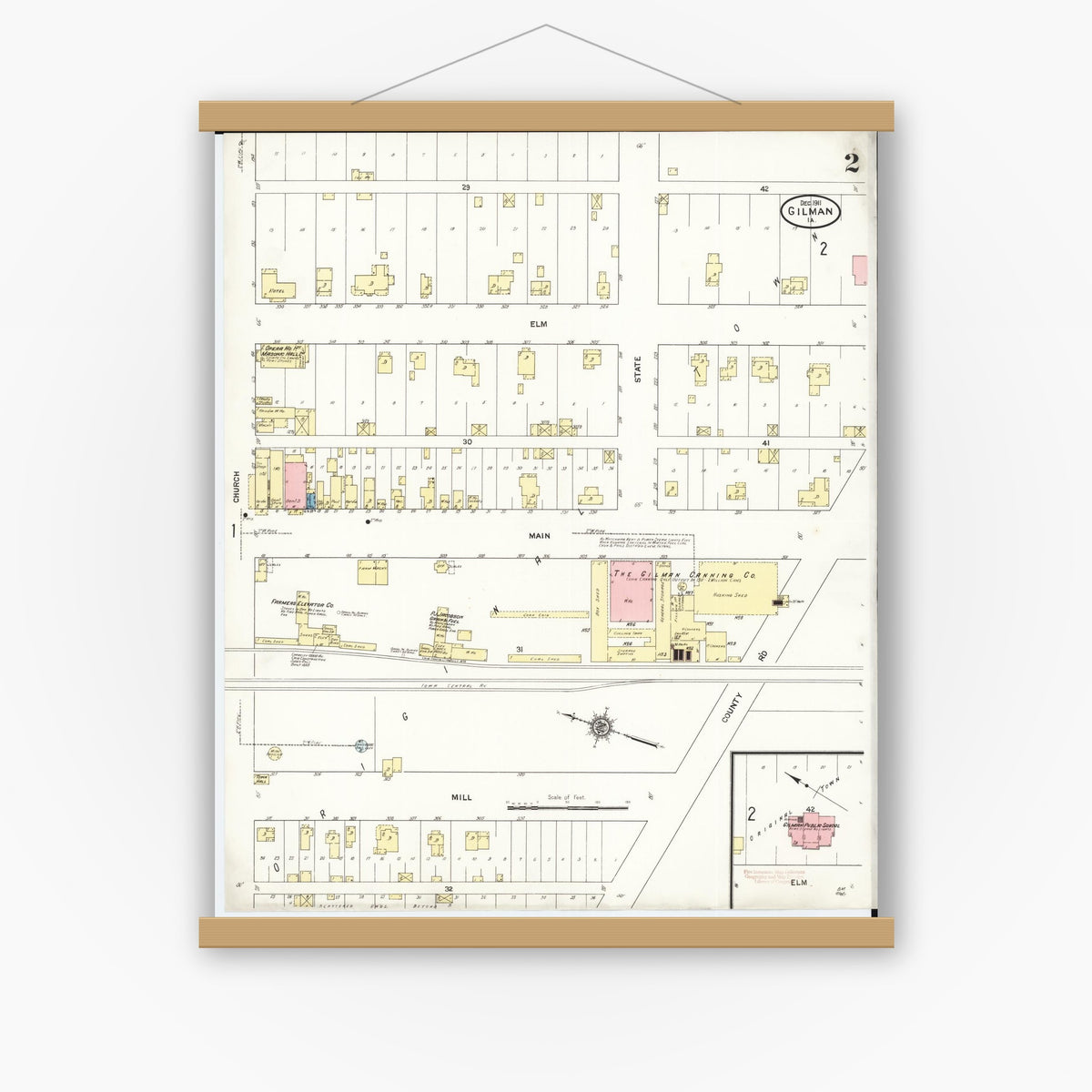 Old map wall art mockup — magnetic wood frame on white wall — Sanborn Fire Insurance Map from Gilman, Marshall County, Iowa (1911), Sheet #0002