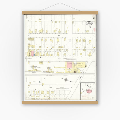 Old map wall art mockup — magnetic wood frame on white wall — Sanborn Fire Insurance Map from Gilman, Marshall County, Iowa (1911), Sheet #0002