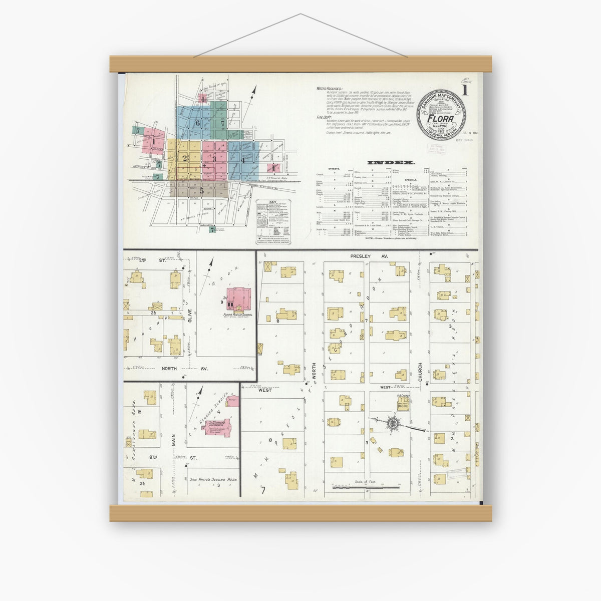 Old map wall art mockup — magnetic wood frame on white wall — Sanborn Fire Insurance Map from Flora, Clay County, Illinois (1912) - Complete Map Set