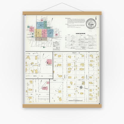 Old map wall art mockup — magnetic wood frame on white wall — Sanborn Fire Insurance Map from Flora, Clay County, Illinois (1912) - Complete Map Set