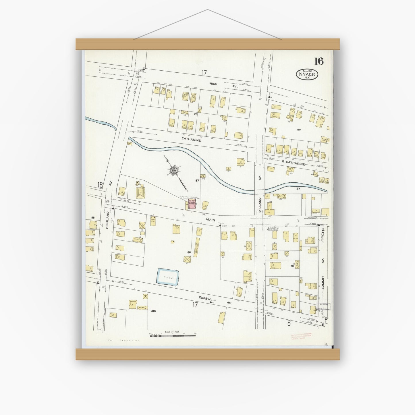 Old map wall art mockup — magnetic wood frame on white wall — Sanborn Fire Insurance Map from Nyack, Rockland County, New York. (1910), Sheet #0016