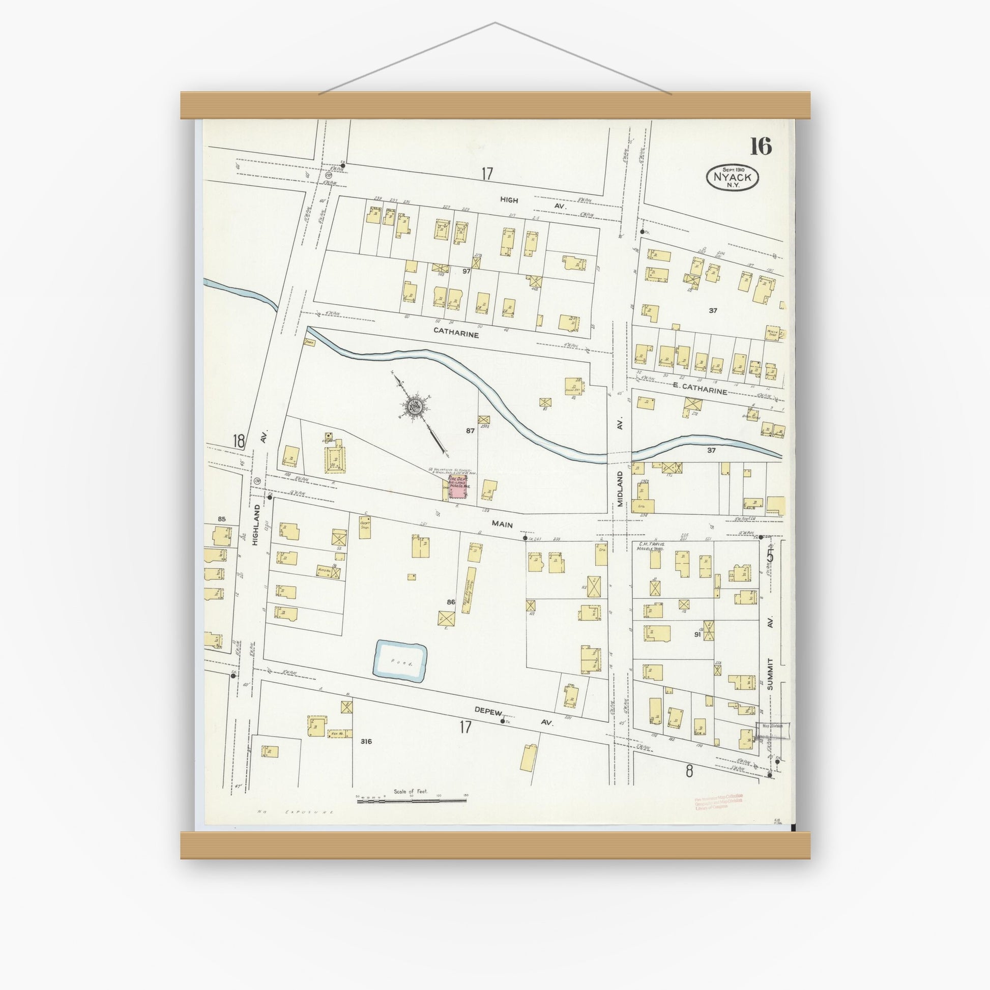 Old map wall art mockup — magnetic wood frame on white wall — Sanborn Fire Insurance Map from Nyack, Rockland County, New York. (1910), Sheet #0016