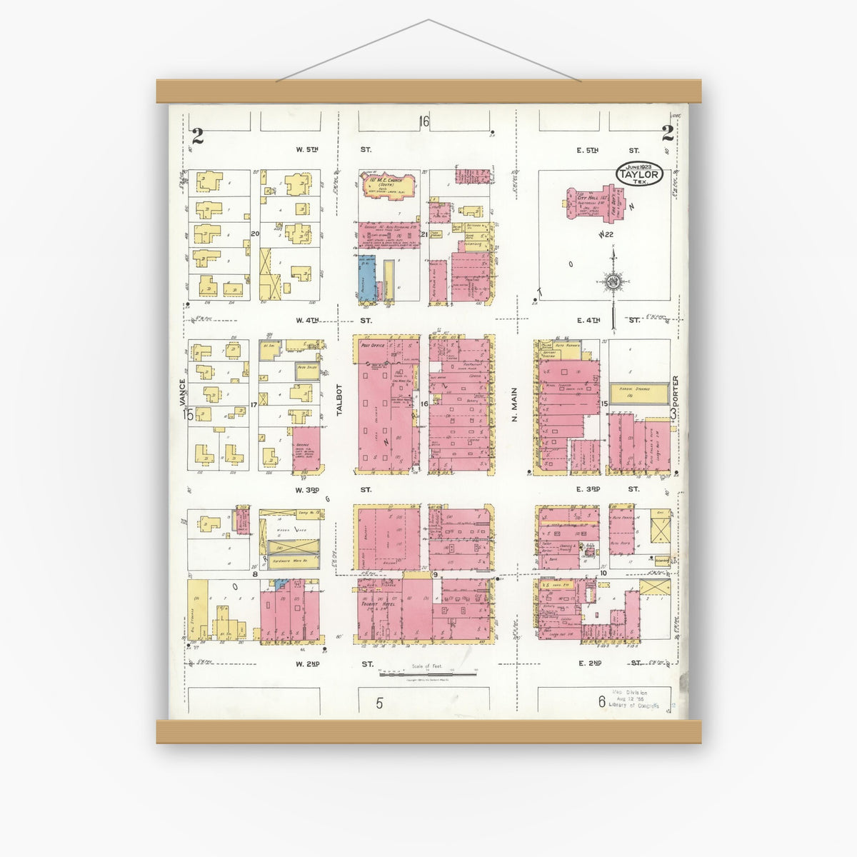 Old map wall art mockup — magnetic wood frame on white wall — Sanborn Fire Insurance Map from Taylor, Williamson County, Texas (1923), Sheet #0002