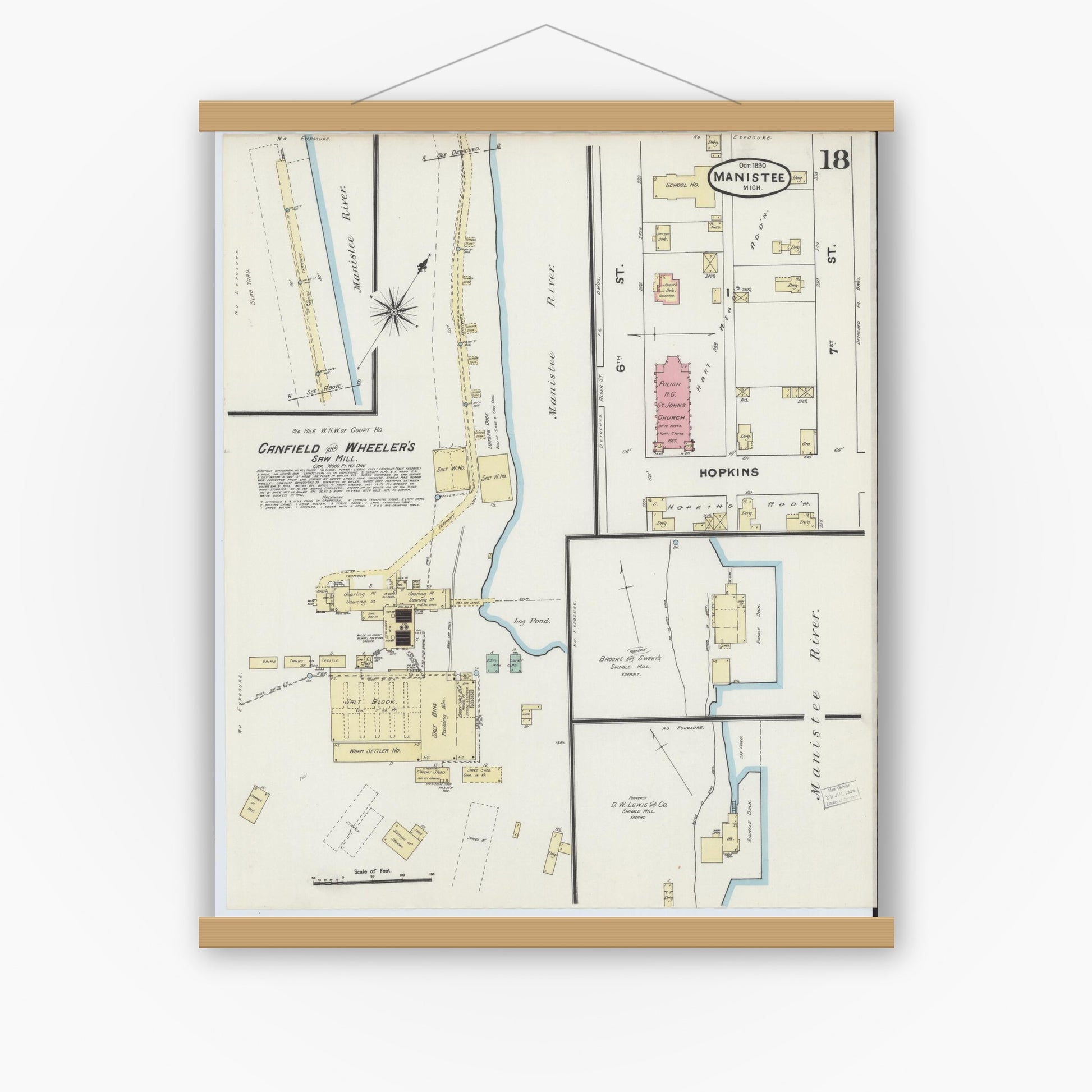 Old map wall art mockup — magnetic wood frame on white wall — Sanborn Fire Insurance Map from Manistee, Manistee County, Michigan (1890), Sheet #0018