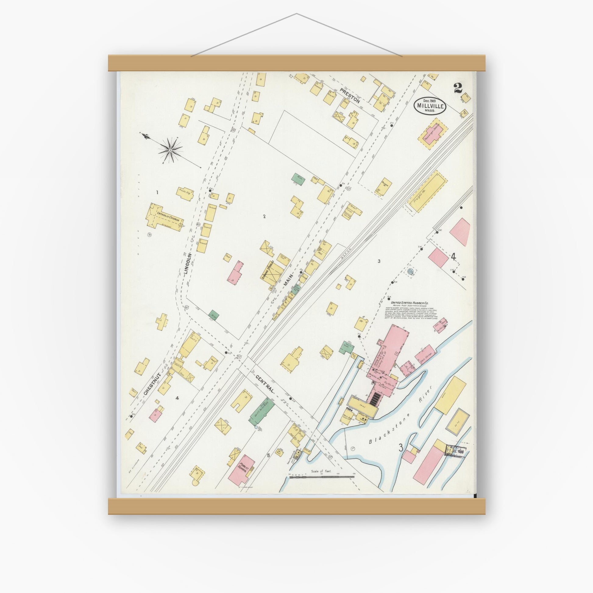 Old map wall art mockup — magnetic wood frame on white wall — Sanborn Fire Insurance Map from Millville, Worcester County, Massachusetts (1903), Sheet #0002