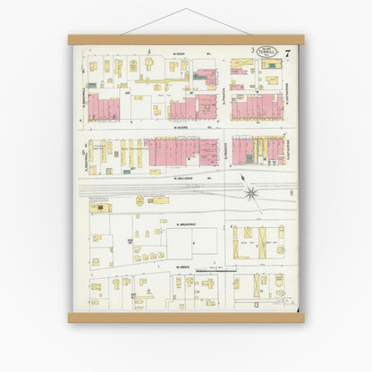 Old map wall art mockup — magnetic wood frame on white wall — Sanborn Fire Insurance Map from Terrell, Kaufman County, Texas (1902), Sheet #0007