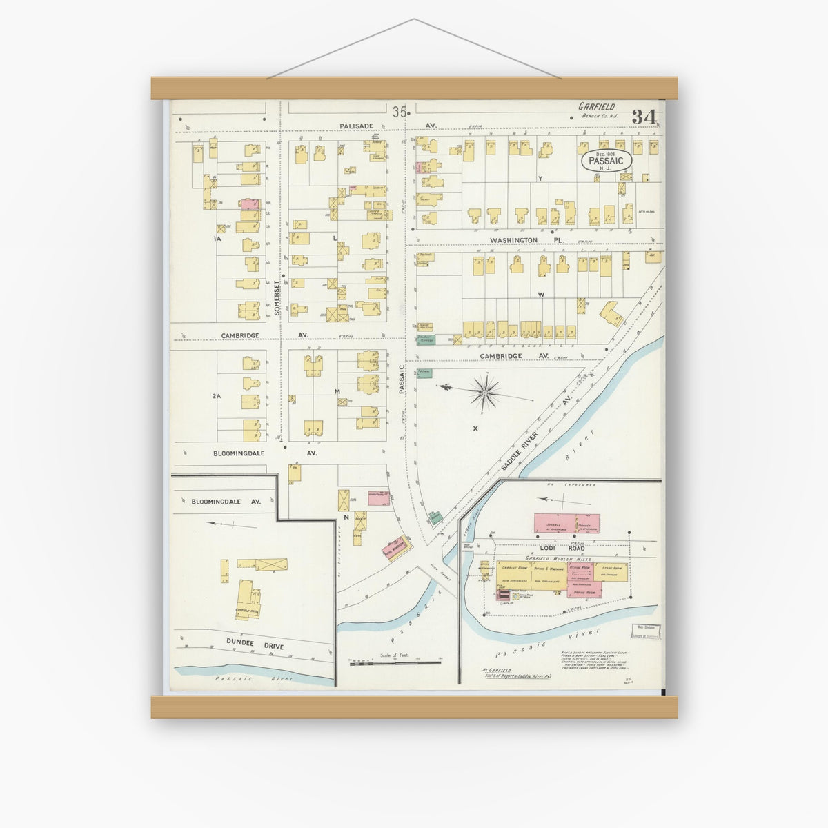 Old map wall art mockup — magnetic wood frame on white wall — Sanborn Fire Insurance Map from Passaic, Passaic County, New Jersey (1903), Sheet #0034