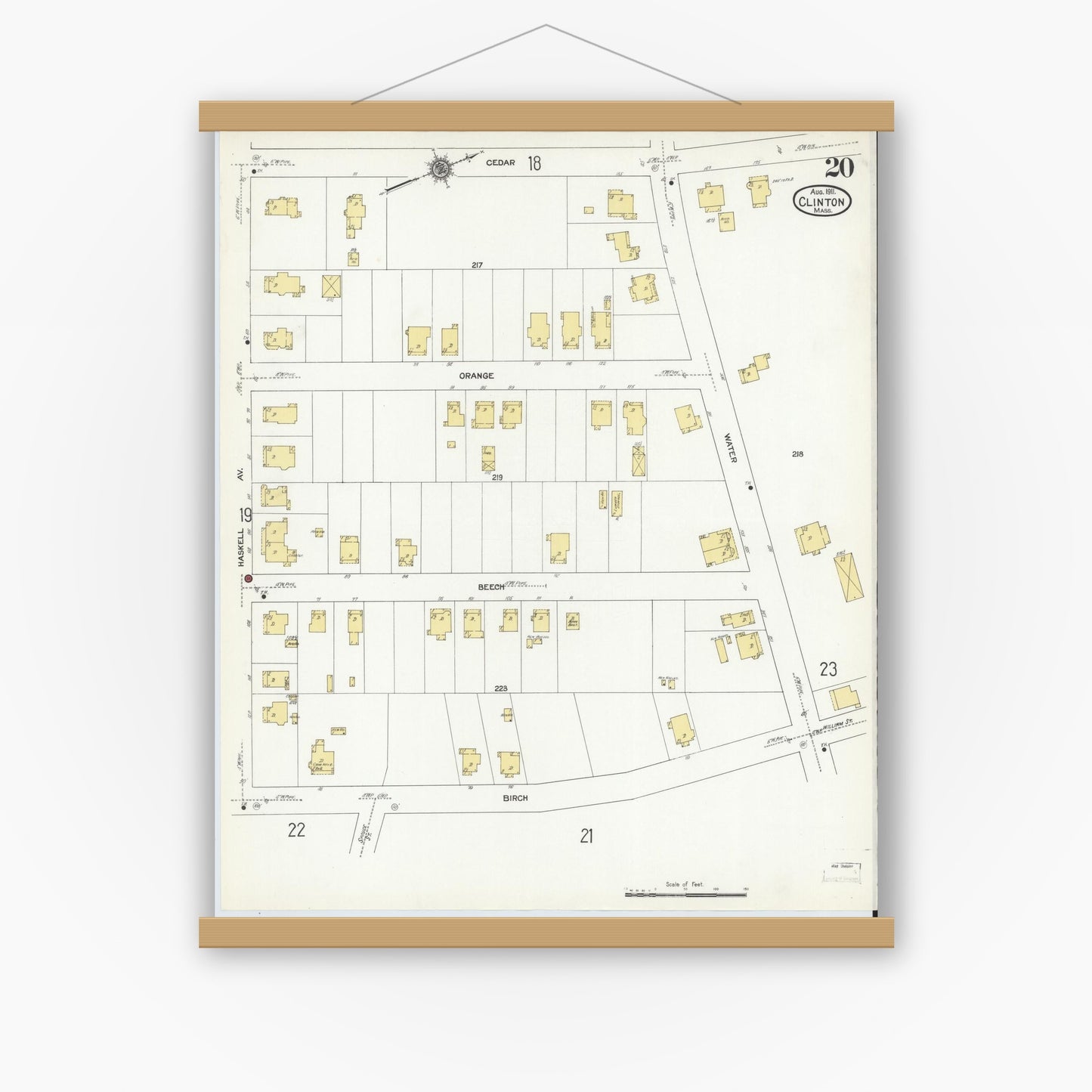 Old map wall art mockup — magnetic wood frame on white wall — Sanborn Fire Insurance Map from Clinton, Worcester County, Massachusetts (1911), Sheet #0020