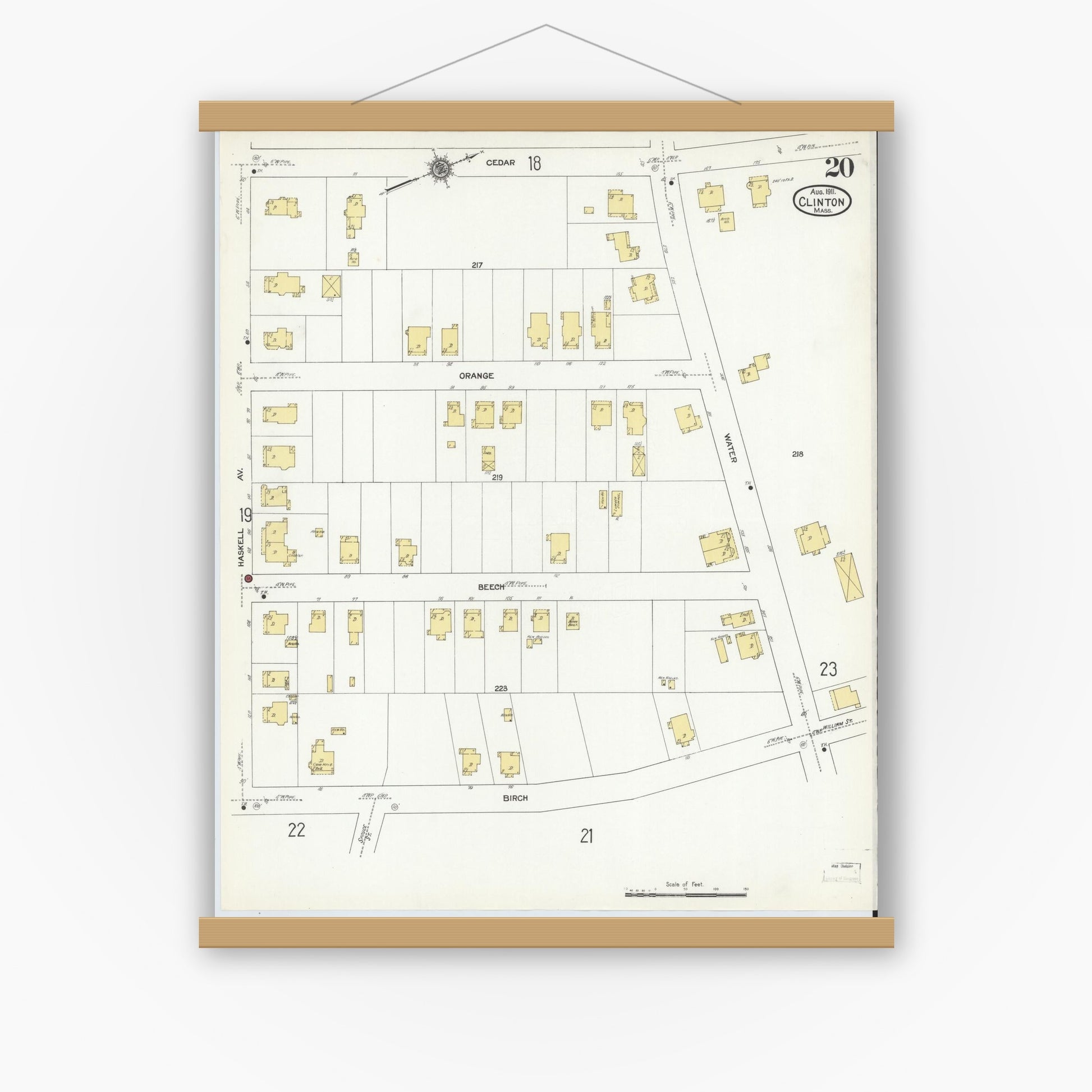 Old map wall art mockup — magnetic wood frame on white wall — Sanborn Fire Insurance Map from Clinton, Worcester County, Massachusetts (1911), Sheet #0020