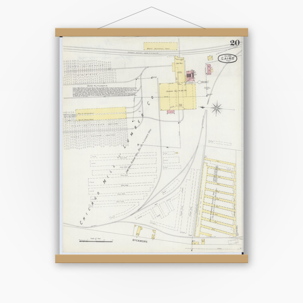 Old map wall art mockup — magnetic wood frame on white wall — Sanborn Fire Insurance Map from Cairo, Alexander County, Illinois (1896), Sheet #0020