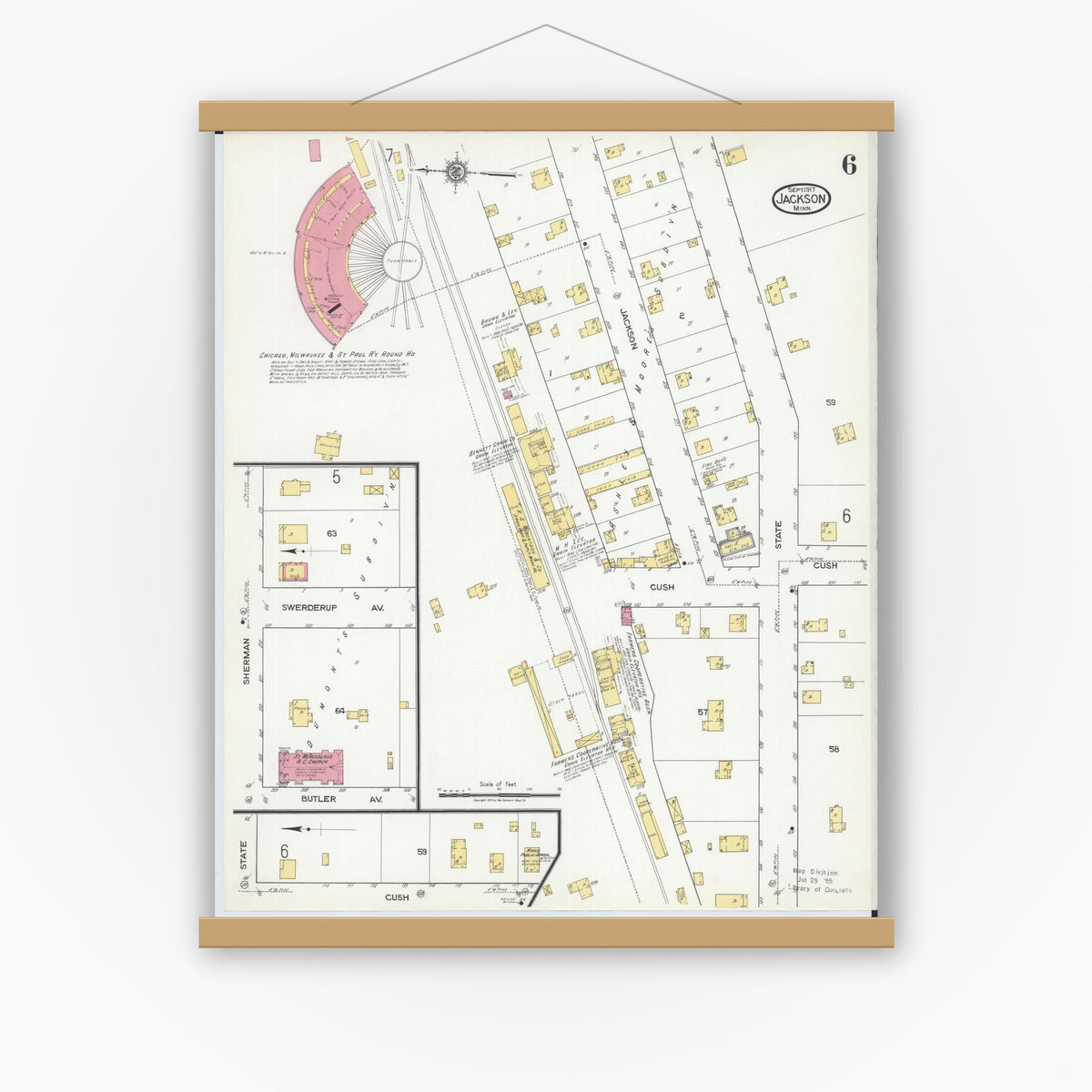 Old map wall art mockup — magnetic wood frame on white wall — Sanborn Fire Insurance Map from Jackson, Jackson County, Minnesota (1917), Sheet #0006