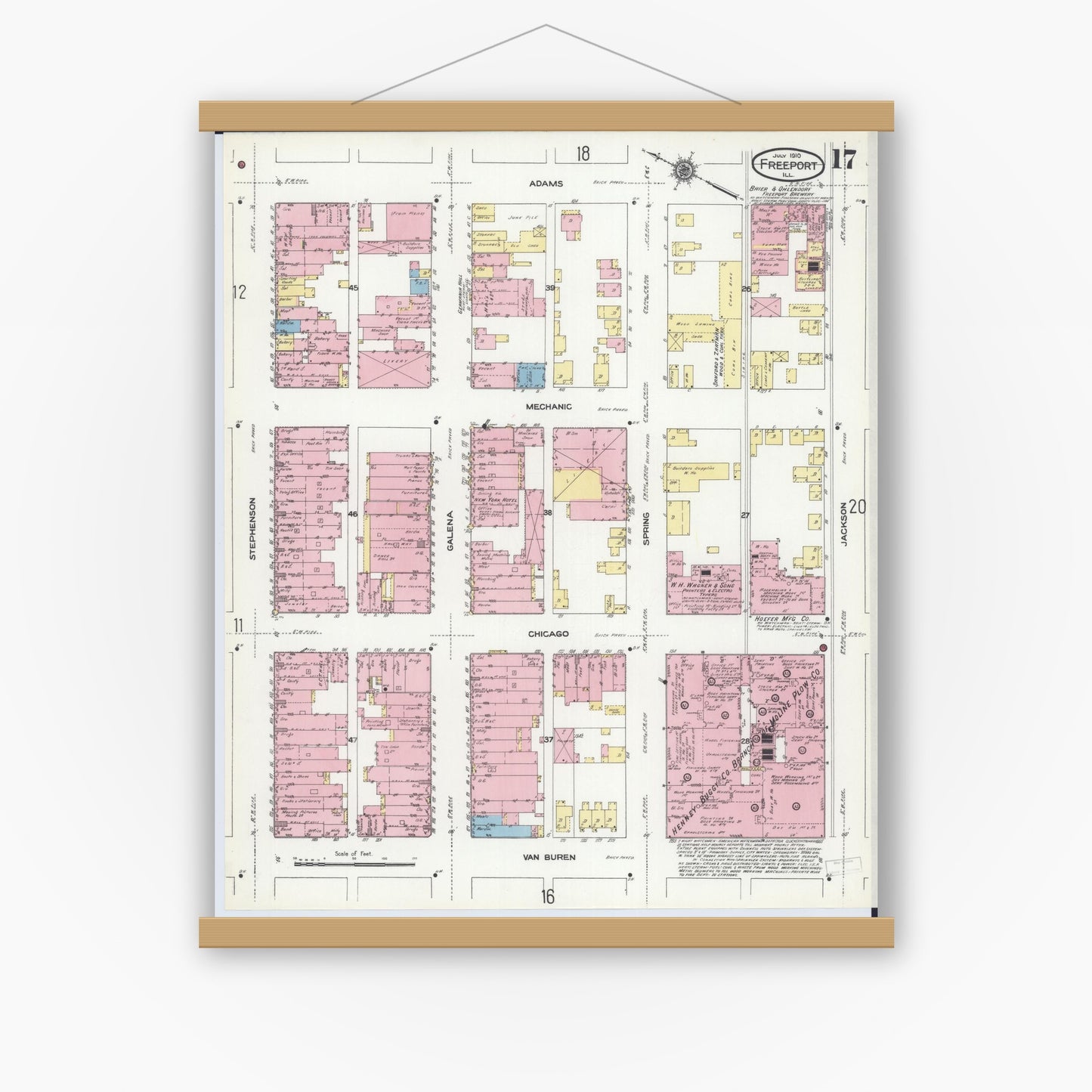 Old map wall art mockup — magnetic wood frame on white wall — Sanborn Fire Insurance Map from Freeport, Stephenson County, Illinois (1910), Sheet #0017