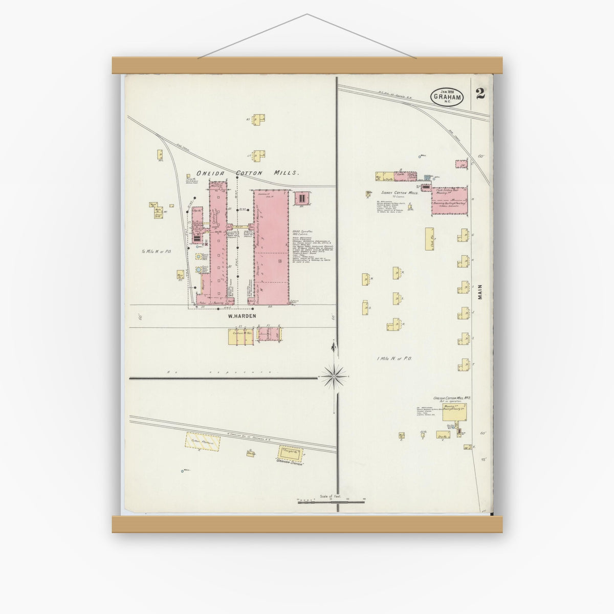Old map wall art mockup — magnetic wood frame on white wall — Sanborn Fire Insurance Map from Graham, Alamance County, North Carolina (1898), Sheet #0002